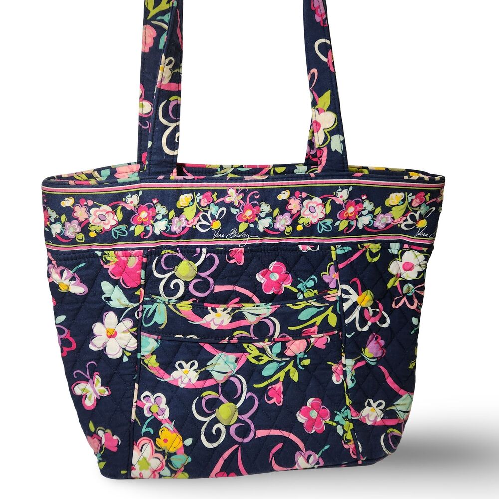 Vera Bradley RIBBONS Shoulder Bag Wide Tote Quilted Purse Pink Zipper Navy Blue